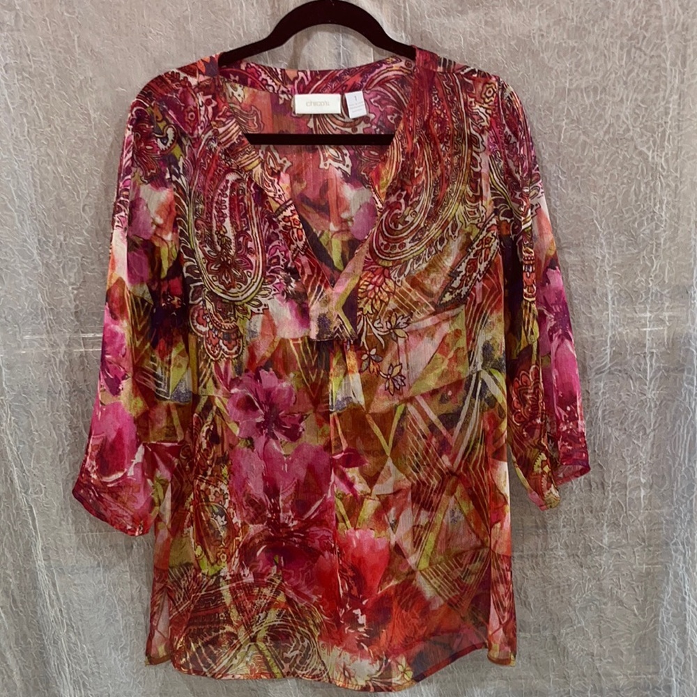 Chicos size 1 sheer floral and exotic print tunic top